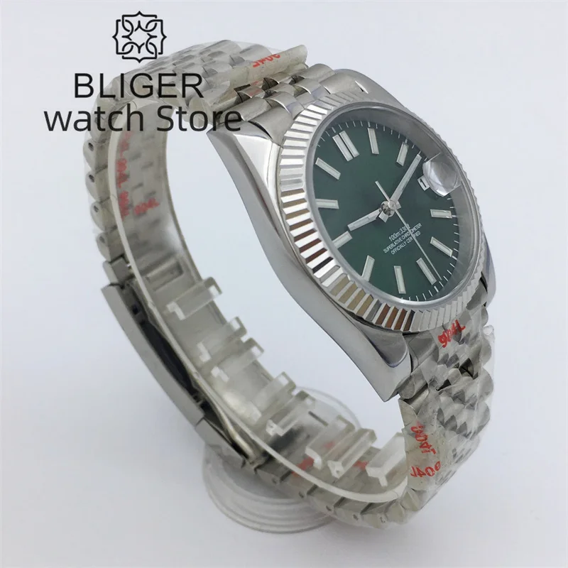 BLIGER 사파이어 유리 녹색 다이얼, 날짜 녹색 발광 NH35A 무브먼트, 자동 남성용 스테인레스 스틸 스트랩, 36mm, 39mm