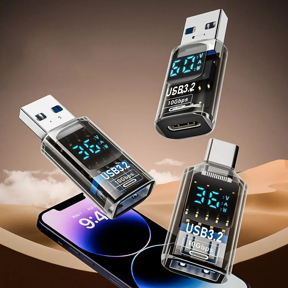 Digital LED Display Adapter, Type-C Converter, Power Meter Tester, USB 3.2, 10Gbps Transmissão de Dados, 36-60W, Smart Chip, 1 Pc