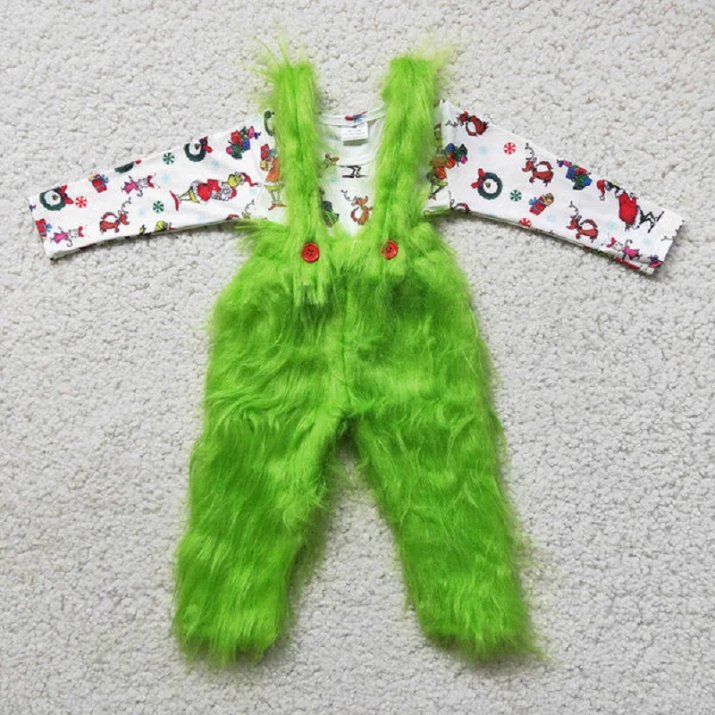 Match Fashion Christmas Toddler Girls Long-sleeved Top Green Plush Overalls Skirt Boys Green Plush Suit Wholesale Kid Clothes