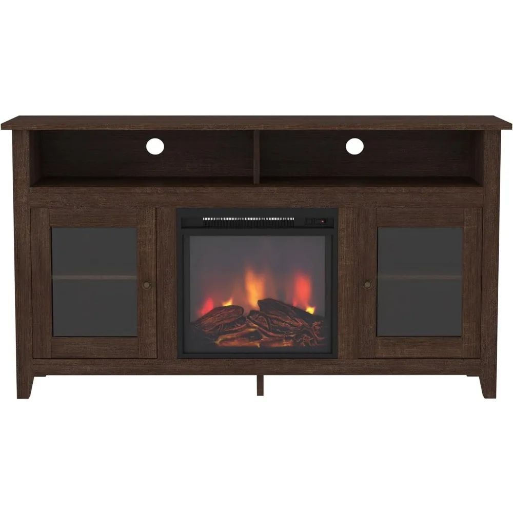 Rústico Farmhouse Glass Door Highboy Lareira, TV Stand para TVs de até 65 polegadas, 58 polegadas, Espresso