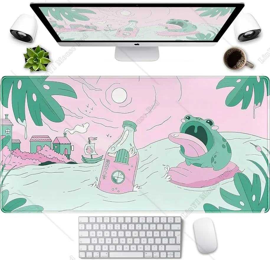 Pink Green Cute Desk Mat Kawaii Cartoon Frog Mousepad Cute Anime Mouse Pad 31.5x11.8 inch Large Gaming Desk Pad Fit Home Gift