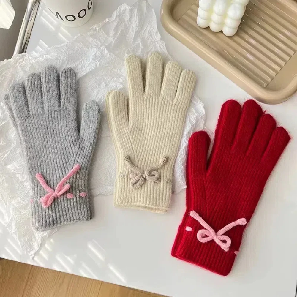 

Winter Bow Knitted Gloves For Women&Men Thicken Warm Knitted Mittens Full Finger Guantes Female Touch Screen Luvas Gloves Unisex