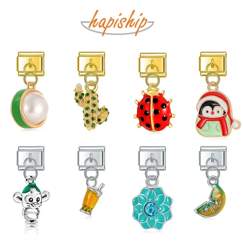 Hapiship 2023 New Daisy Flower Eye Mouse Rainbow Ladybug Charm Links Fit 9mm Bracelet Stainless Steel Jewelry DIY Making DJ606