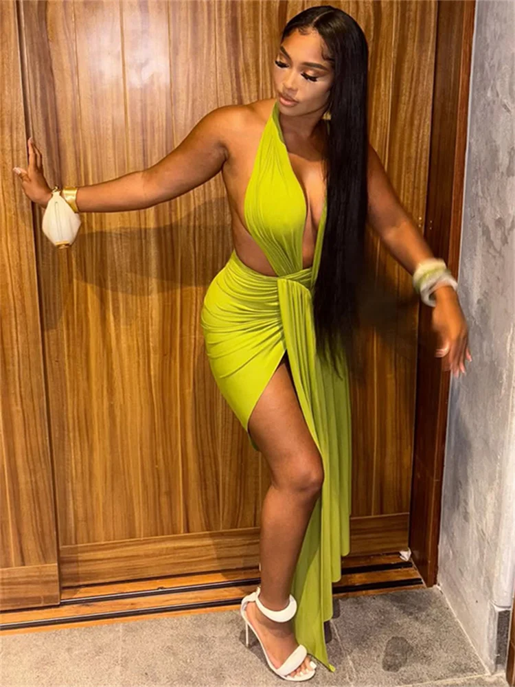 Strano gato Sexy Patchwork vestido con abertura mujer Irregular Halter profundo cuello pico espalda descubierta vendaje medianoche Club Vestidos de fiesta de cumpleaños