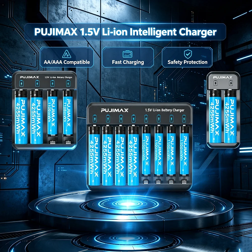 PUJIMAX 2/4/8 Slot Li-ion Battery Charger for 1.5V Rechargeable Batteries LED Display Intelligent Charger with AA/AAA Battery