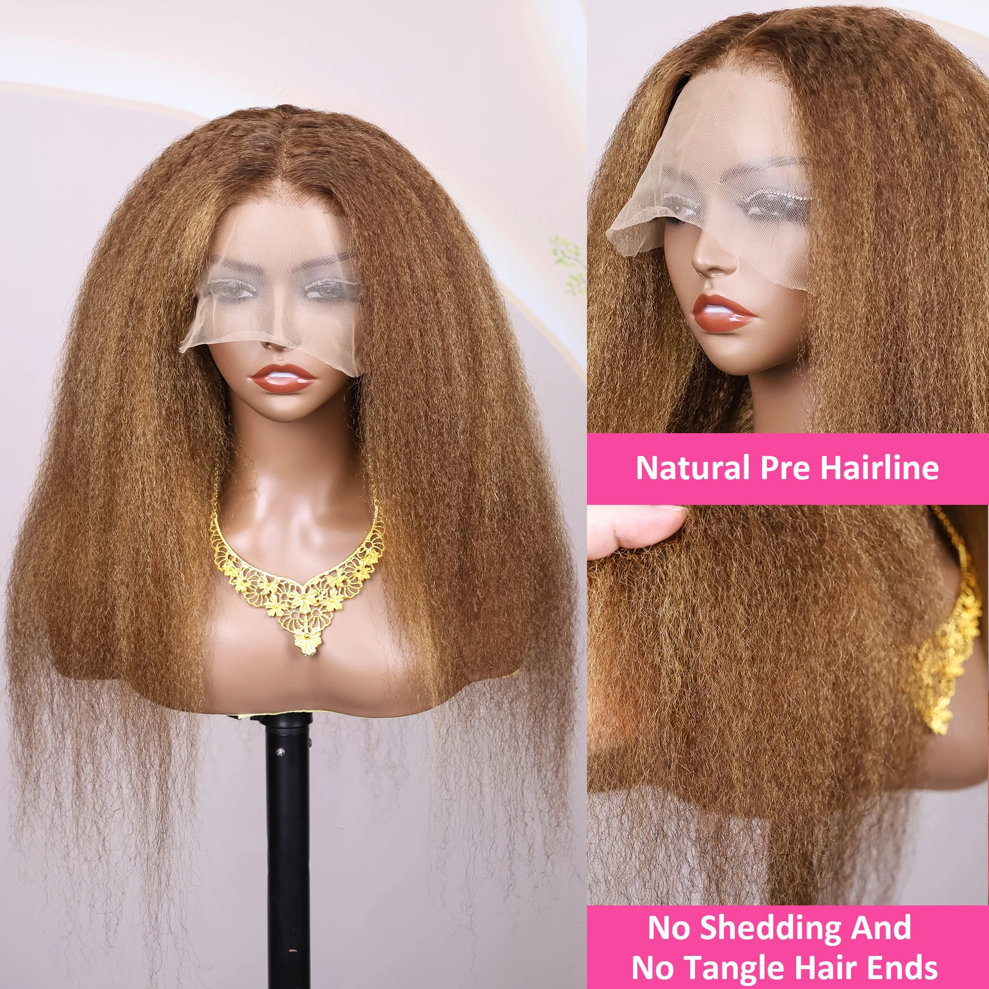 Highlight 4/27 Ombre Kinky Straight 13X6 HD Lace Front Wigs Human Hair For Women Yaki Wig Pre Plucked Natural Black 200% Density