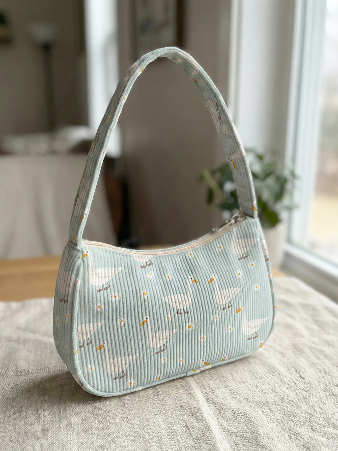 

Trendy Cute Duck & Daisy Print Shoulder Bag, Fresh Light Blue Corduroy Underarm Bag