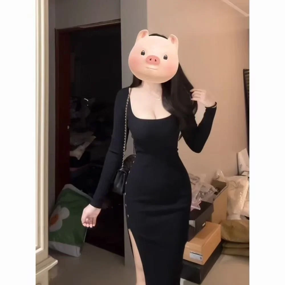 

Элегантное черное миди-платье с пуговицами, разрезом, облегающее, сексуальное, осенне-зимнее, женское, модное, с высокой талией, из полиэстера, длинное