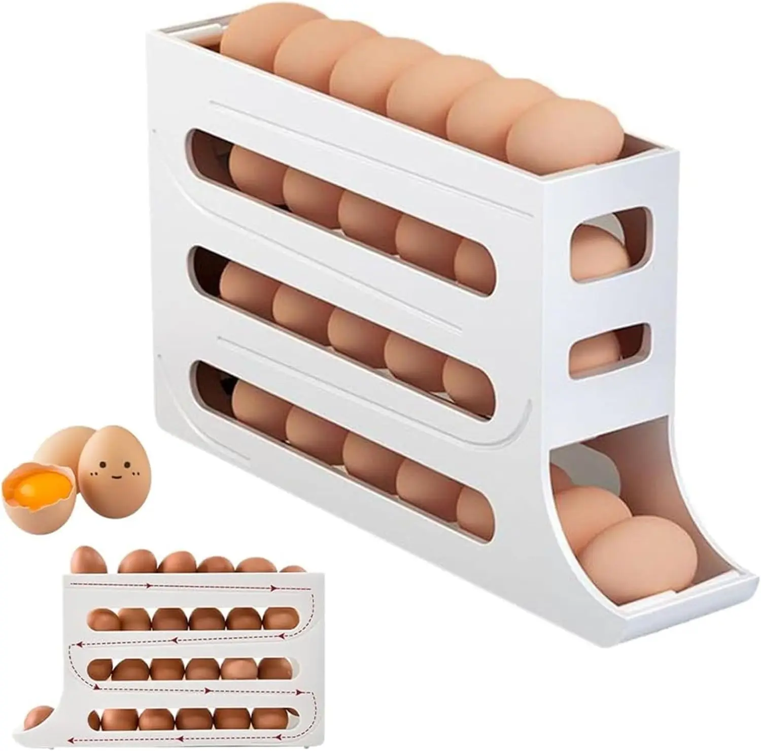 Egg holder, large capacity, egg container for refrigerator, stackable roll-down egg organizer, automatic egg-fresh storage box