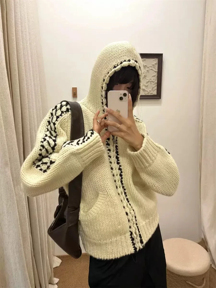 

Faionable Knitted Hat Zipper Sweater Cardigan Yy PREON Work Autumn Winter New Sle Abstract Pattern Long Sve Wool Blend