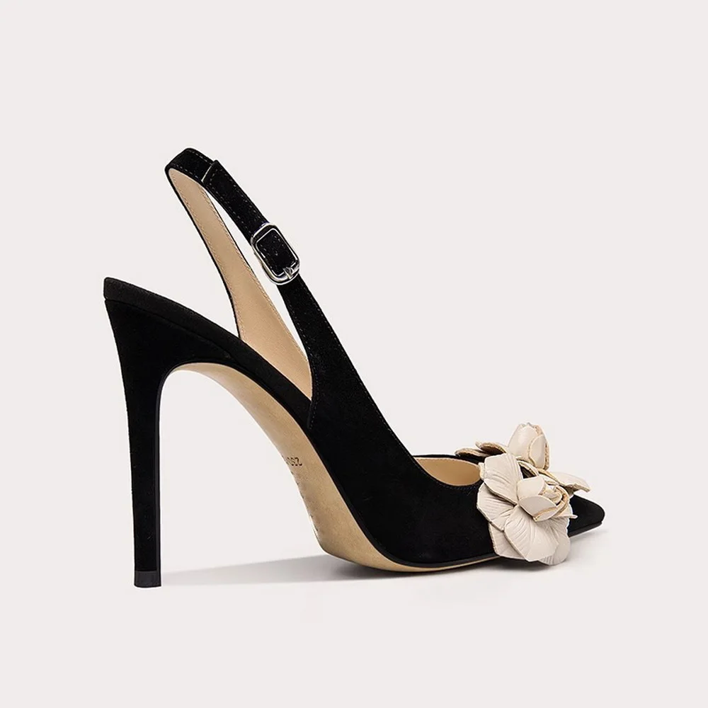12CM/4.7inch High Heels Sandals,Women Pumps,Sexy Big Flower Shoes,Flock Slingbacks,Pointed Toe,Ankle Buckle Strap,Black,Dropship - view 5