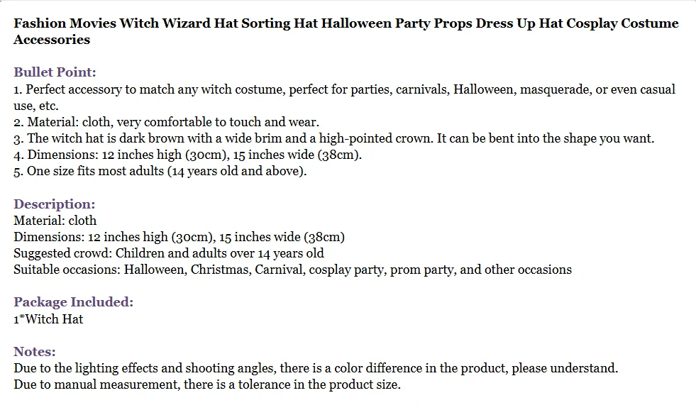 

Halloween Party Props Sorting Hat Movie Witch Wizard Costume Accessory Dress up Cosplay Hat for All Ages