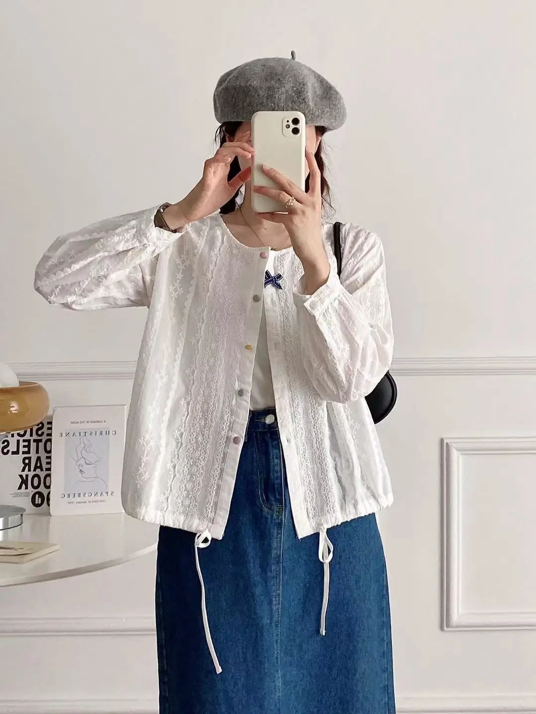 

Mori kei clothing lace cardigan for women summer autumn Japanese style sweet lace embroider shirts and blouses drawstring coat