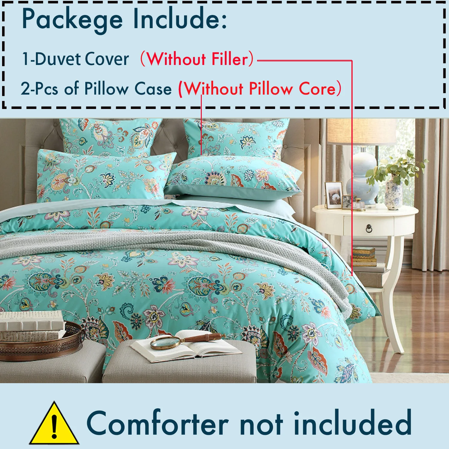 3pcs 600 TC 100% Egyptian Cotton Duvet Cover Set (Without Core), Vintage Cyan Paisley Floral, Soft Breathable And Skin-friendly