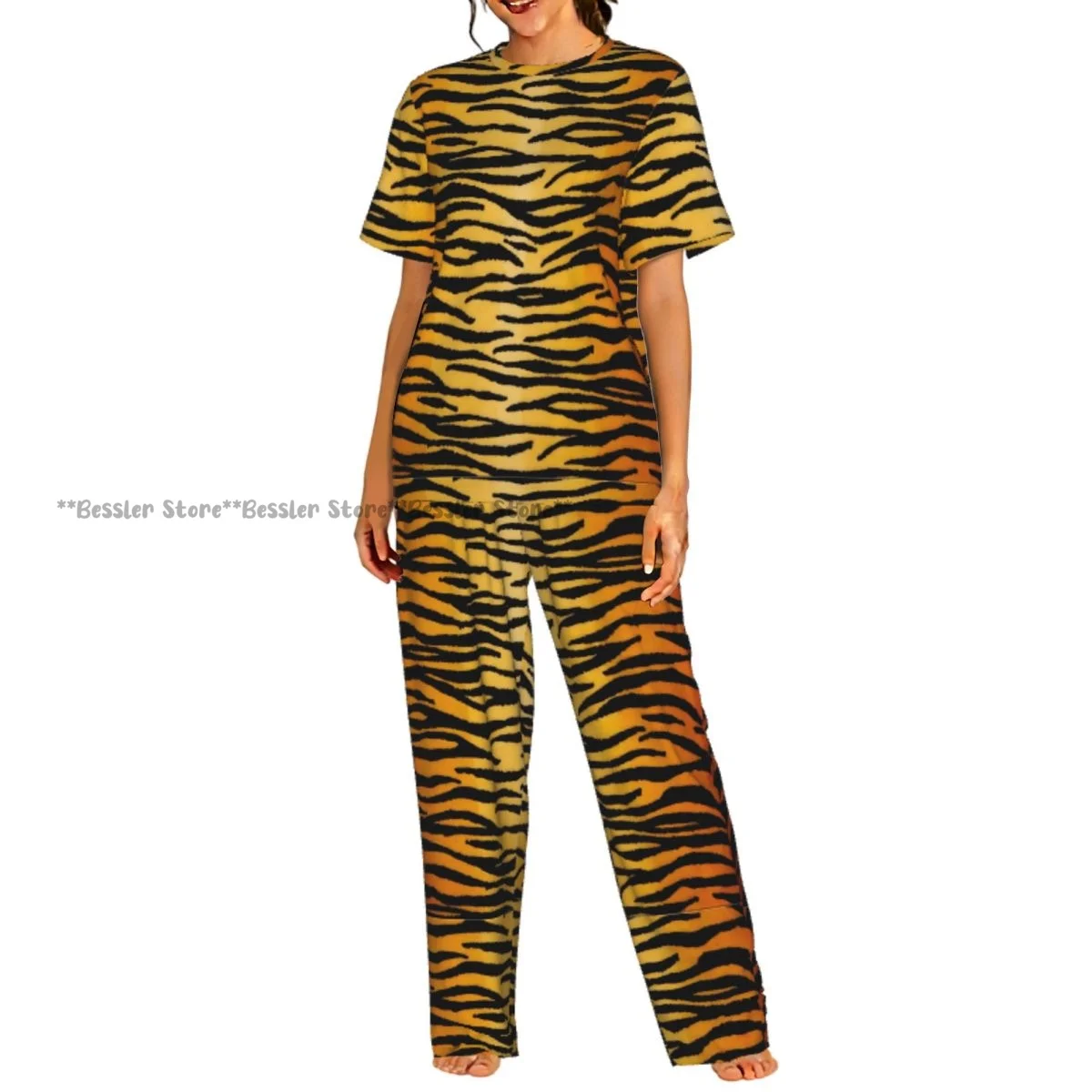 Conjunto de 2 piezas para mujer, pijama con estampado de piel de tigre, top de manga corta y pantalones, ropa de dormir