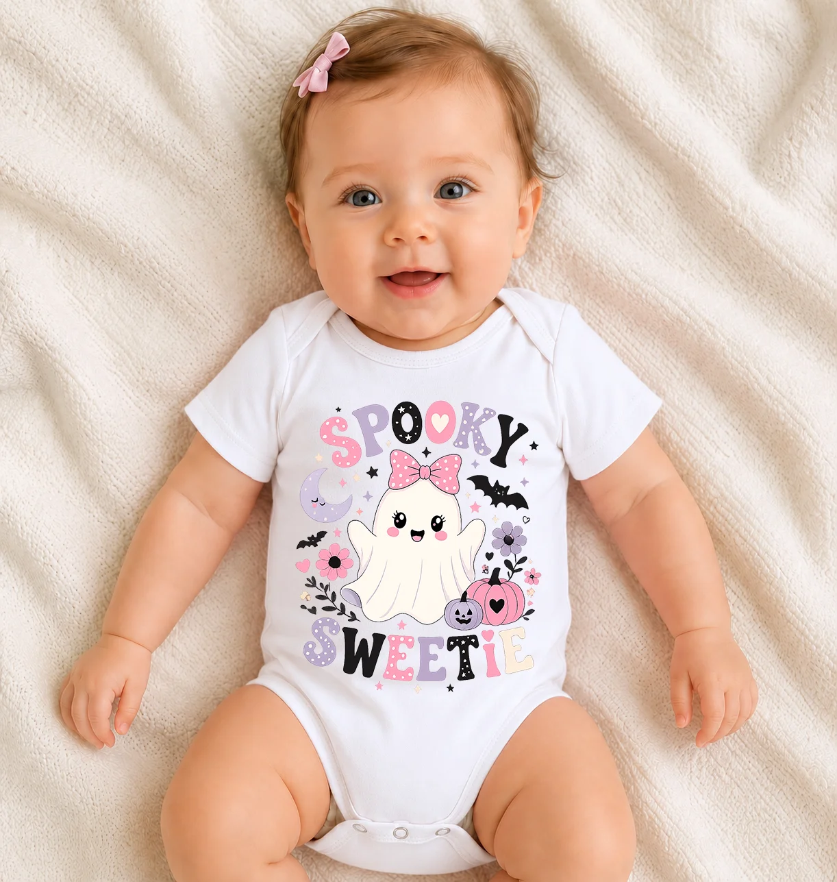 Baby Girl Halloween Onesie Spooky Sweetie Cute Ghost Bow Print Short Sleeve Romper Newborn Infant Pumpkin Bat Moon Bodysuit Todd
