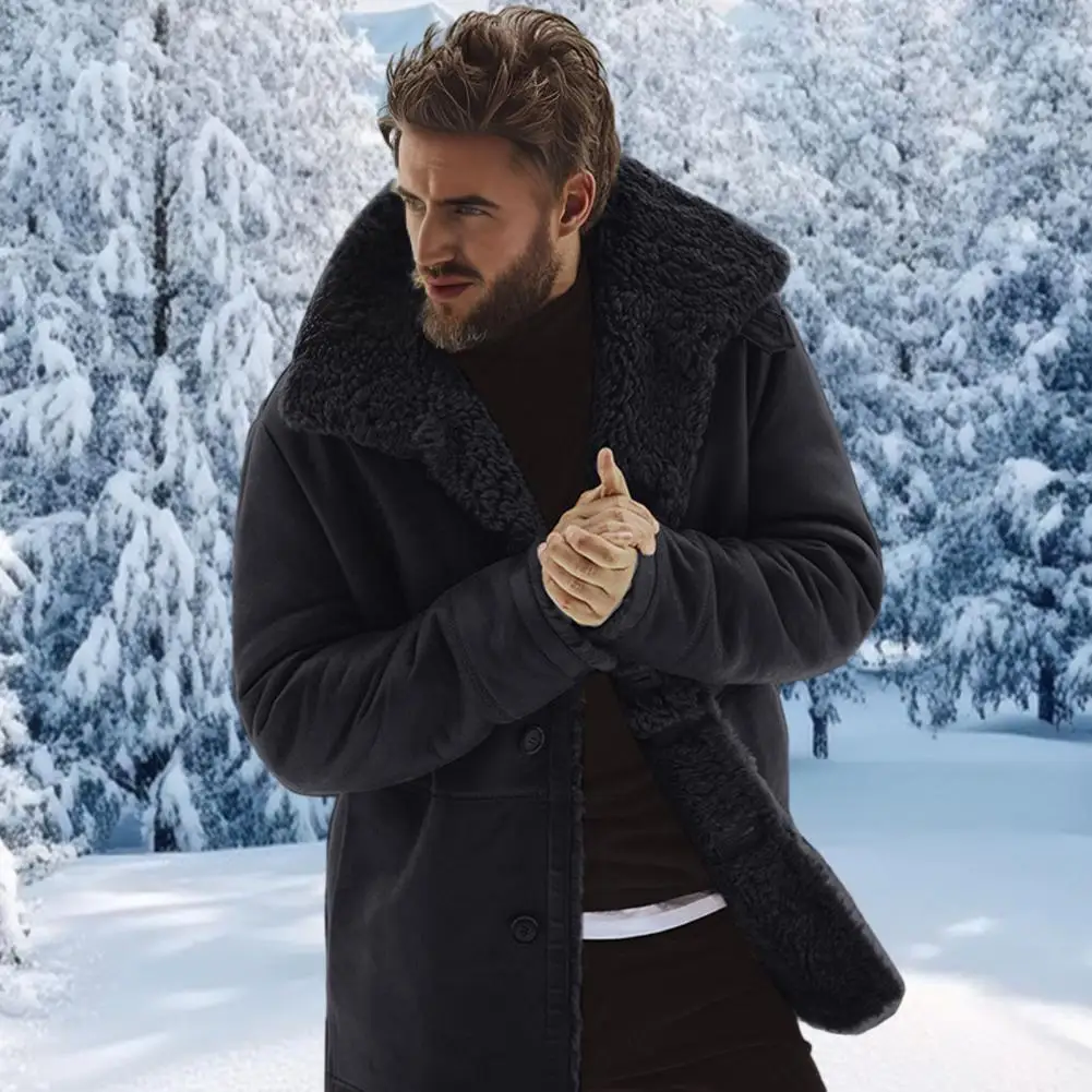 

Cold Weather Men Coat Men's Lapel Coat Winter Jacket with Pockets Single Breasted Thickened Outerwear Velvet Lining Autumn Long