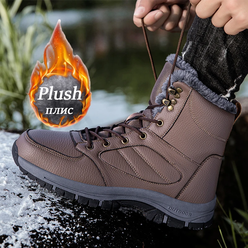 Men Winter Snow Boots For Waterproof Leather Sneakers Super Warm Men\'s Boots Outdoor Male Hiking Boots Work Shoes Big Size 39-48