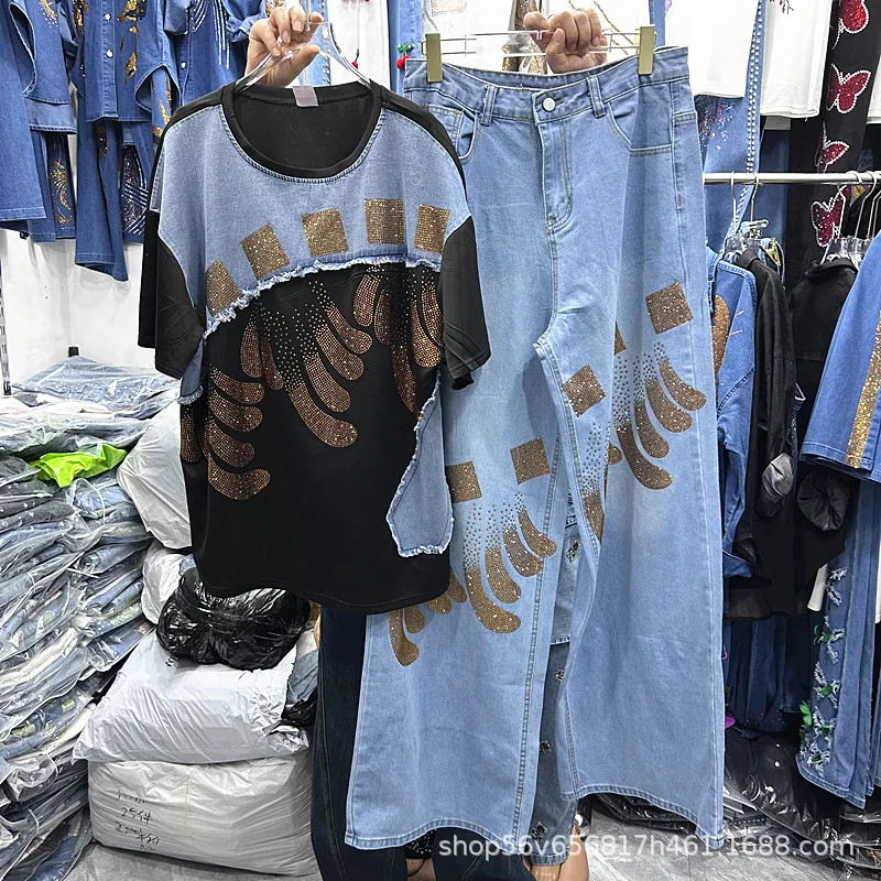 

Colorblock Hot Diamonds Denim Splicing Loose Round Neck Short Sleeve T-shirt Top + All-match High Waist Loose Wide Leg Jeans