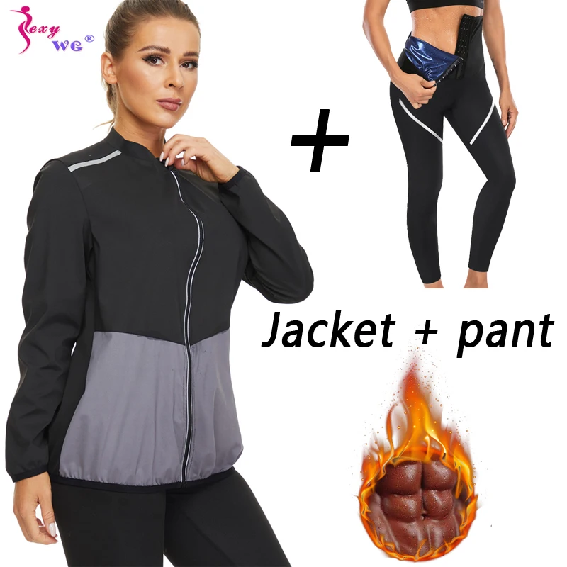 SEXYWG Slimming Sweat Sauna Suit Shirt Long Sleeve Workout Tops Body Shaper Women Fitness Jacket Set Waist Trainer Weight Loss