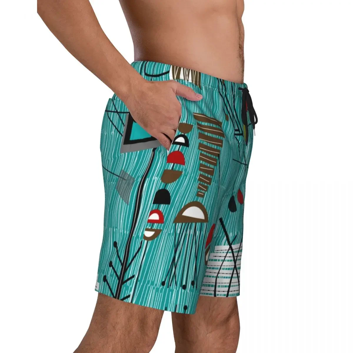 Mid Century Abstract Geometric Print Men Swim Trunks Quick Dry Beachwear Beach Board Shorts Geometry Boardshorts