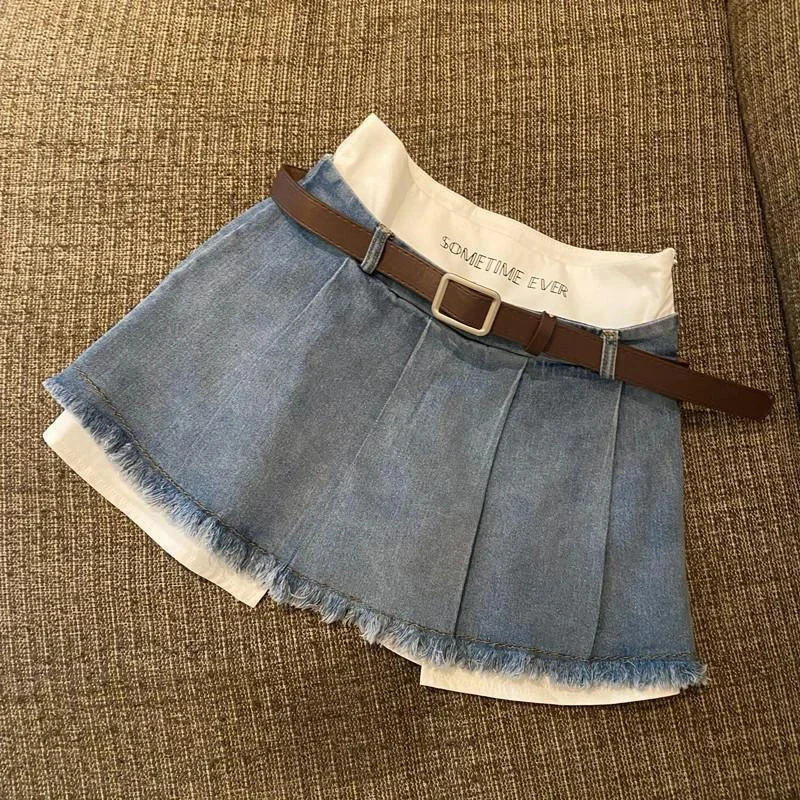 Y2K Patchwork Denim Mini Skirt Women Streetwear High Waist Tassel Pleated Jeans Skirts Harajuku Korean Fashion A Line Skirt New