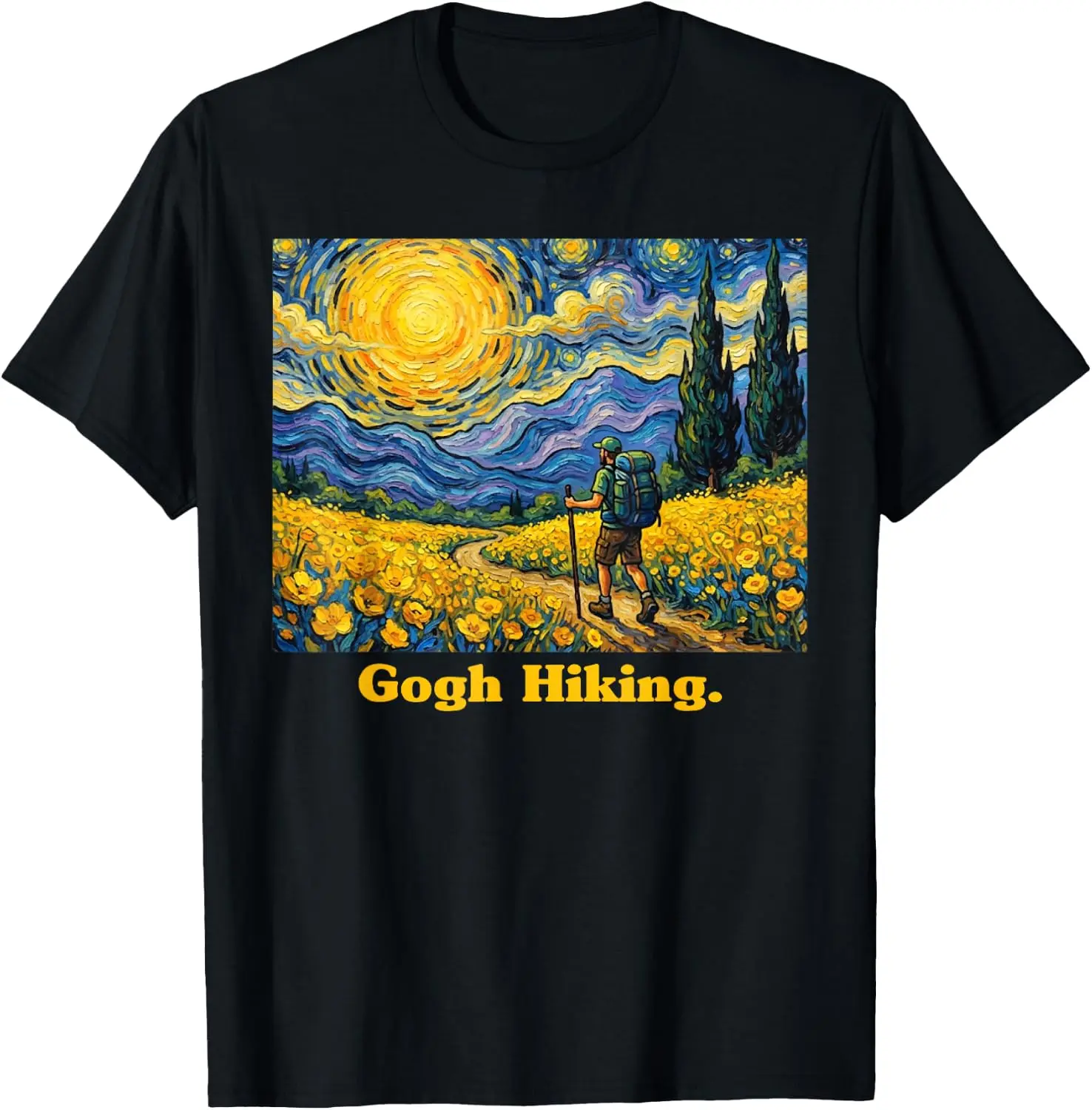 Hiking Funny Outdoor Van Gogh Art Nature Hiker T-Shirt 100% Cotton Trendy Y2K Short-Sleeve Tee – Soft, Quick-Drying, & Moisture-Wicking; Ideal for Sports or Casual Wear; Great Gift for Christmas or Halloween.