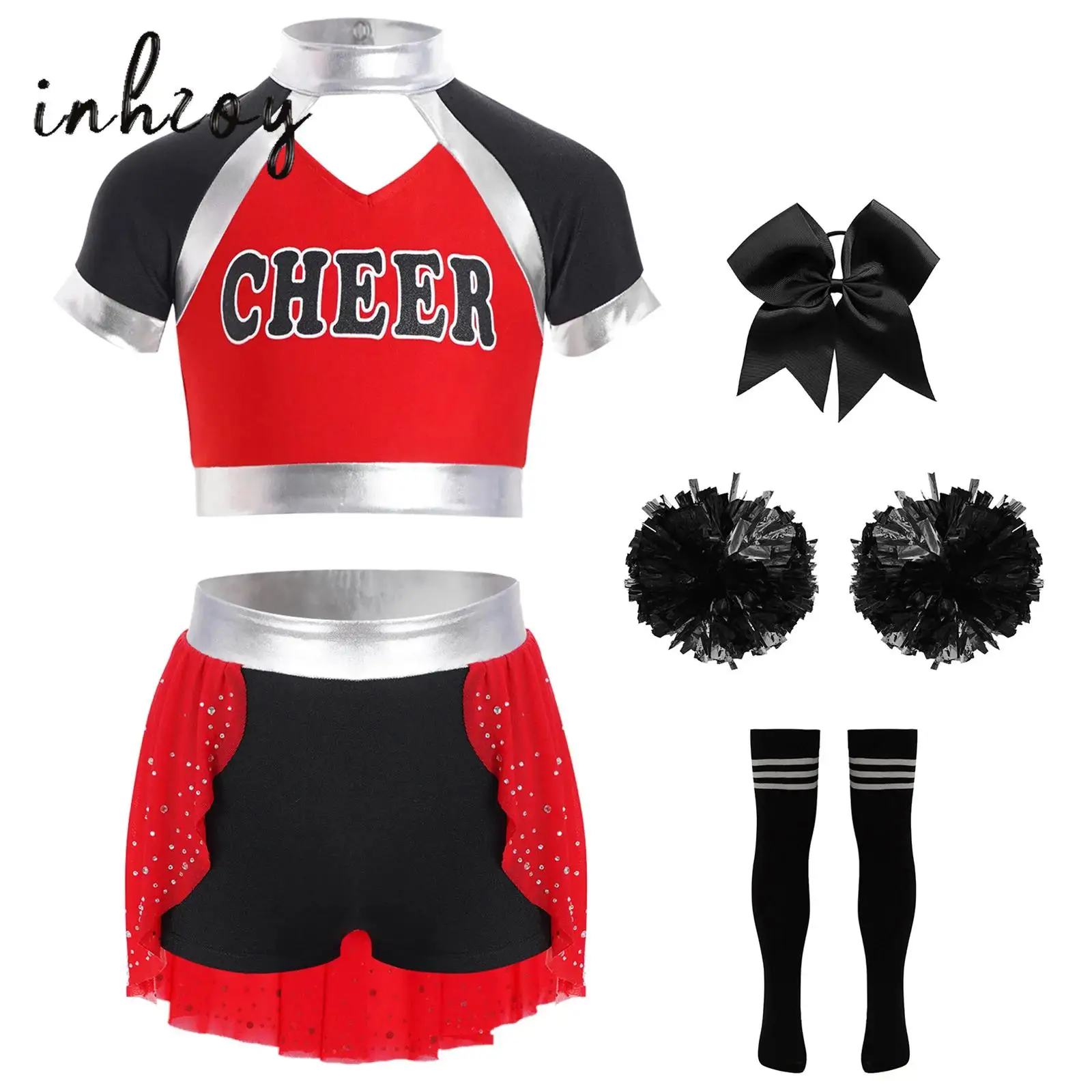 

2Pcs Kids Girls Cheerleading Dance Outfit Uniform Letter Print Short Sleeve Cutout Color Block Patchwork Crop Top+Skirted Shorts