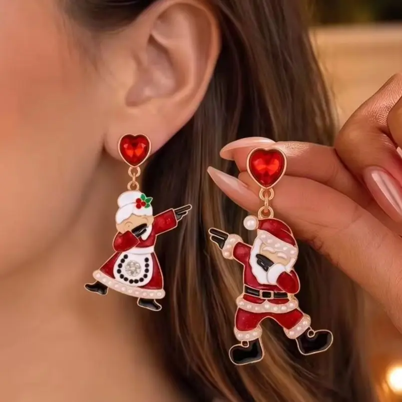 Divertidos Pendientes Colgantes de Papá Noel Bailarín y Mamá Noel a la Moda para Mujer, Pendientes Delicados de Reno Esmaltado, Joyería de Regalo para Fiesta de Navidad