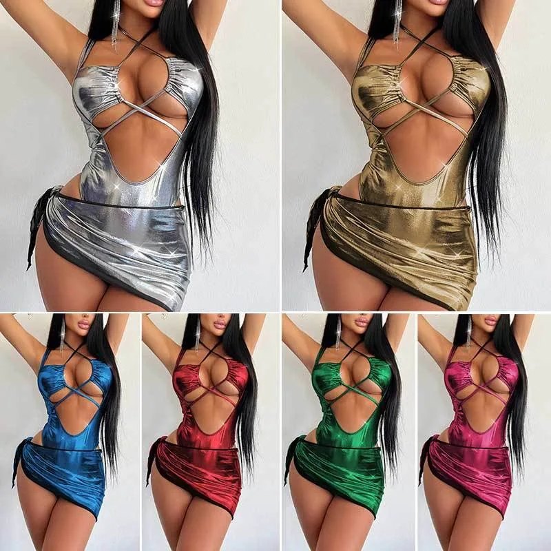 

Shiny Metallic Color One Piece Swimsuit 2024 Women Sexy Hollow Out Criss Cross Skirt Swimwear Set Bathing Suit Swimming Monokini