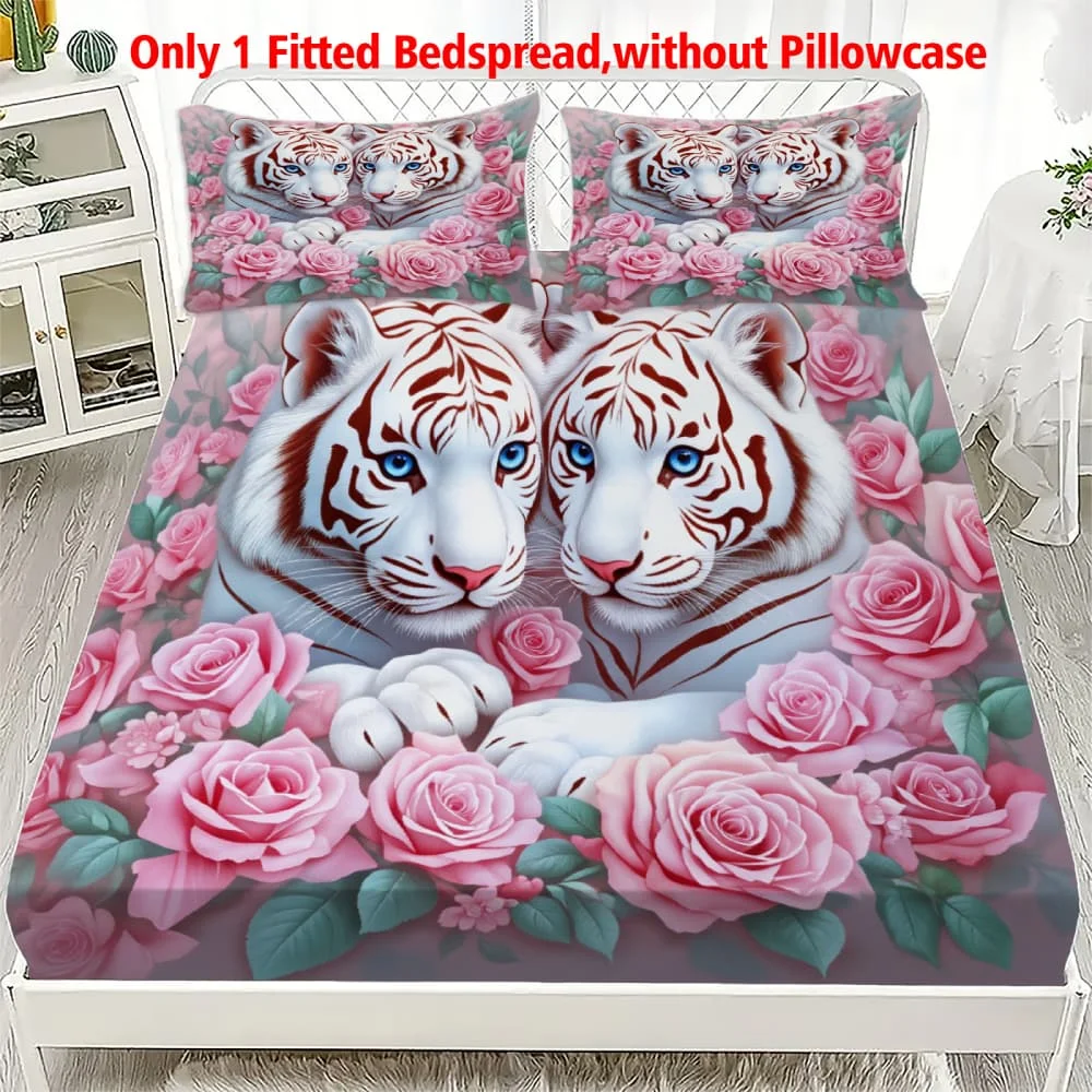 1pc White Tigers with Pink Roses Print Fitted Sheet Deep Pocket Elastic Mattress Cover Single Double Queen King Bedroom Decor