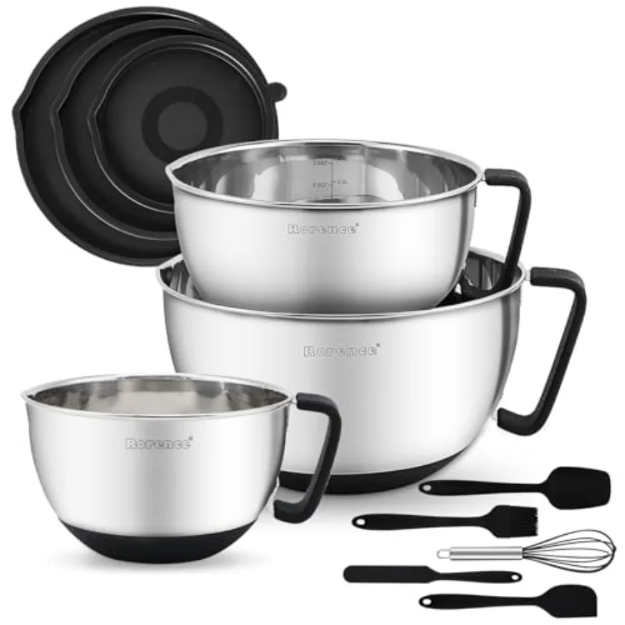 

Stainless Steel Mixing Bowls: Metal Mixing Bowl Set with Lids and Handles Non-slip Silicone Bottom Nesting Bowls for Kitchen Se