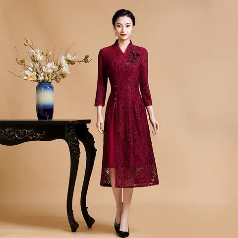 Yourqipao 중국 신부 어머니 웨딩 파티 드레스, 어머니 치파오 신부 하객 무도회 가운, 대형 사이즈 여성용