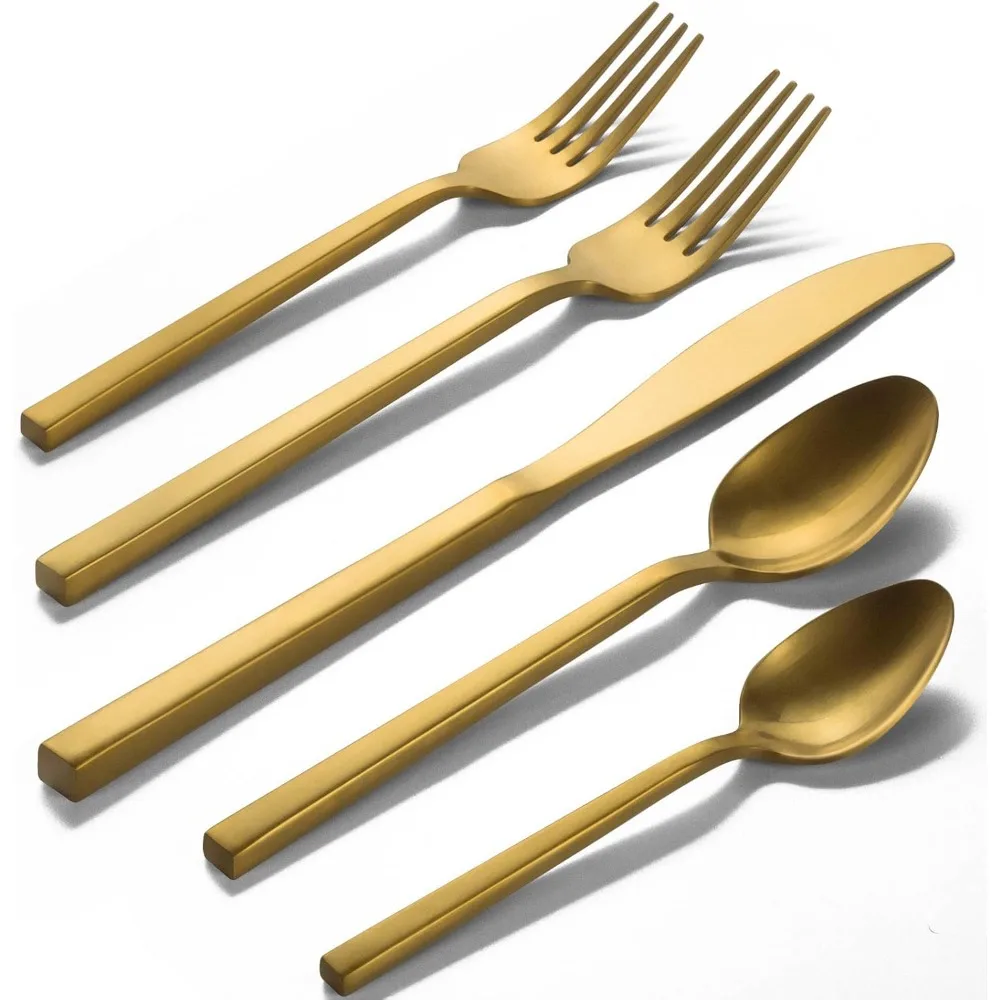 

20-Piece Gold Flatware Set, Premium Forged Cutlery, Matte Finish Tableware for Four, Stainless Steel Dining Utensils