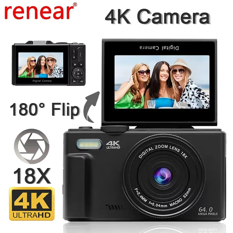 

4K Digital Camera 64MP 18X Digital Zoom Photography Video Vlogging Camcorder for YouTube 3'' Flip Screen 180° Selfie WiFi