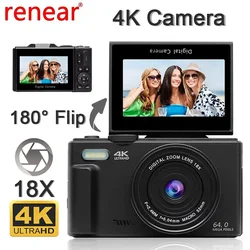 4K Digital Camera 64MP 18X Digital Zoom Photography Video Vlogging Camcorder for YouTube 3'' Flip Screen 180° Selfie WiFi