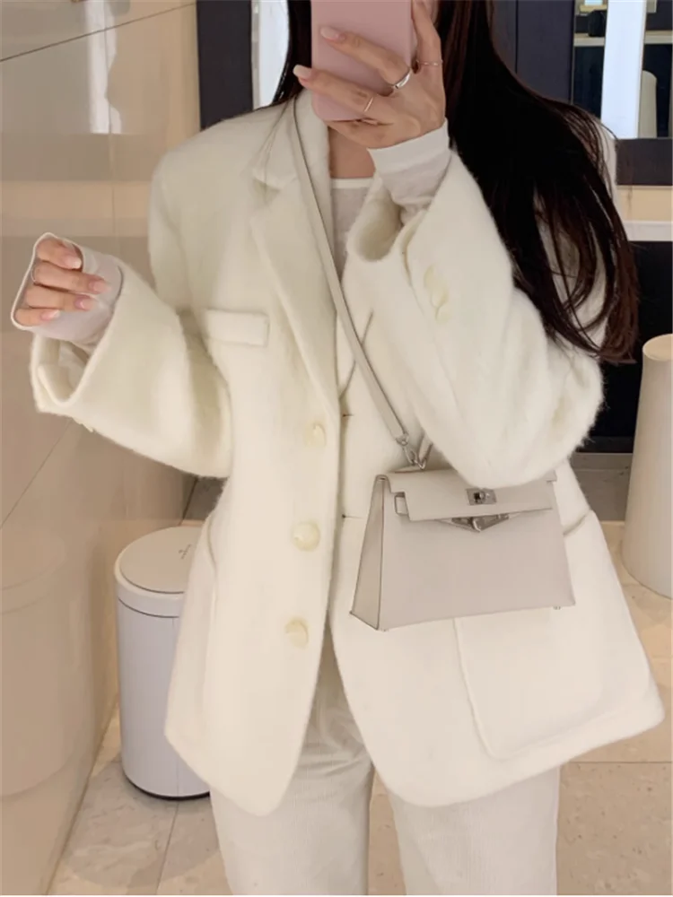 معطف صوفي طويل كريمي لطيف على الطراز الكوري موضة خريف وشتاء جديدة سترة فضفاضة غير رسمية أنيقة عتيقة سترة صوف أنيقة ملابس خارجية #2