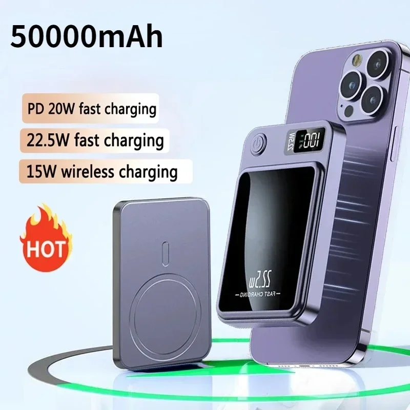 

New 50000mAh Wireless Power Bank Magnetic Qi Portable Powerbank Type C Fast Charger For iPhone15 14 13 Samsung MaCsafe