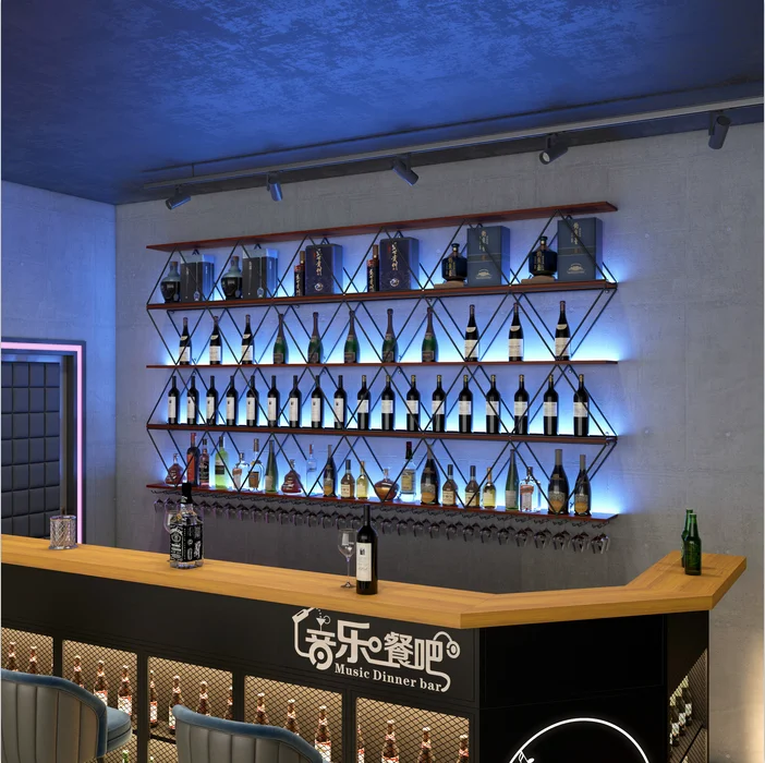 #@Industrial style custom wall-mounted storage rack, commercial illuminated wall-mounted iron wine rack