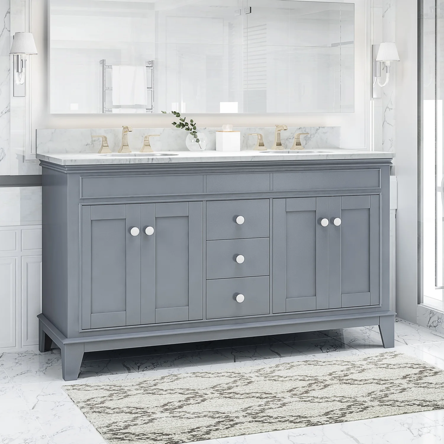 61'' Bathroom Vanity with Marble Top & Double Ceramic Sinks, 3 Drawers, 4 Doors, Gray