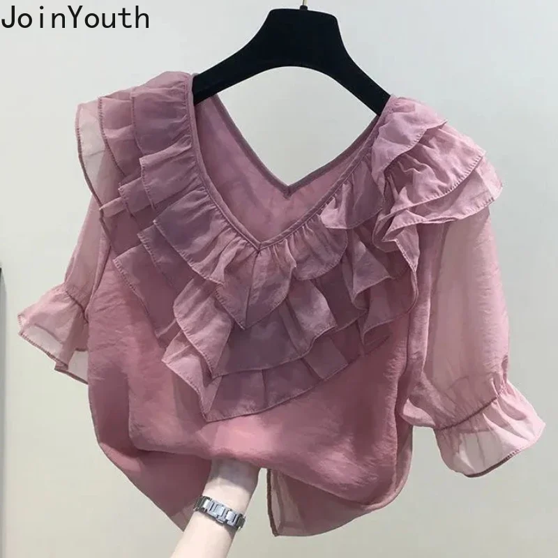 2024 Blusas Mujer De Moda Summer Blouses for Women Short Sleeve V-neck Korean Shirts Sweet Ruffles Chiffon Loose Blouse Tops