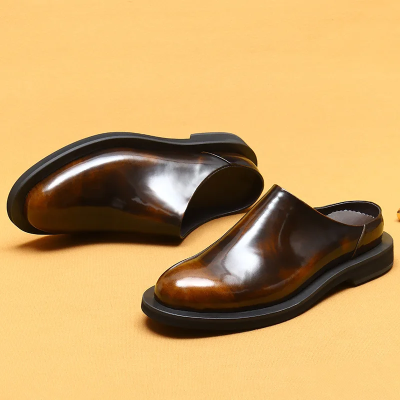 Luxury Patent Leather Mens Half Shoes Slippers Genuine Leather Handmade 2024 New Style Summer Party Business Sandals Shoes Man