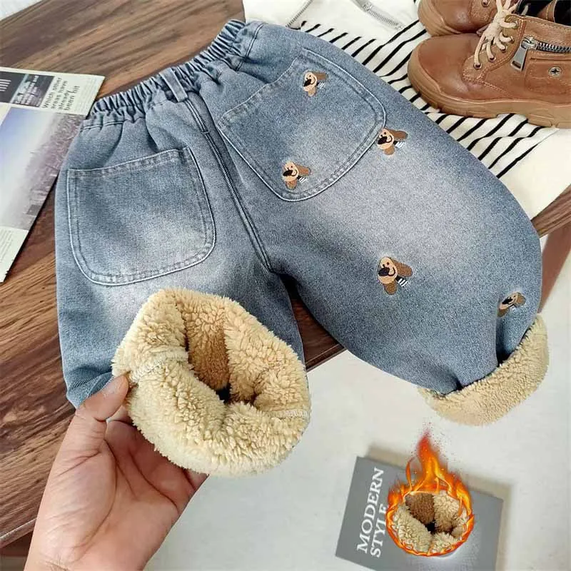 Kinder-Lammwoll-Jeanshosen, Winter-gefütterte, verdickte Hosen für Jungen, Mädchen-Cartoon-Warm-Jeans, neue Baby-Freizeithosen, Kinderkleidung