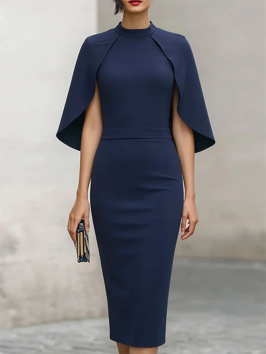 Elegantes, hochgeschlossenes Midikleid mit Cape-Ärmeln und Taillendetail für Damen, geeignet für formelle Abendveranstaltungen.