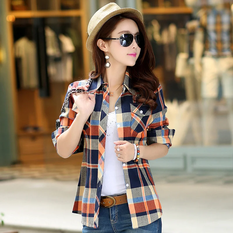 New Cotton Blouse Women\'s Plaid Shirt Grid Plus Size Spring Autumn Blouse Shirt Casual Long Sleeve Checkered Turn-down Outerwear