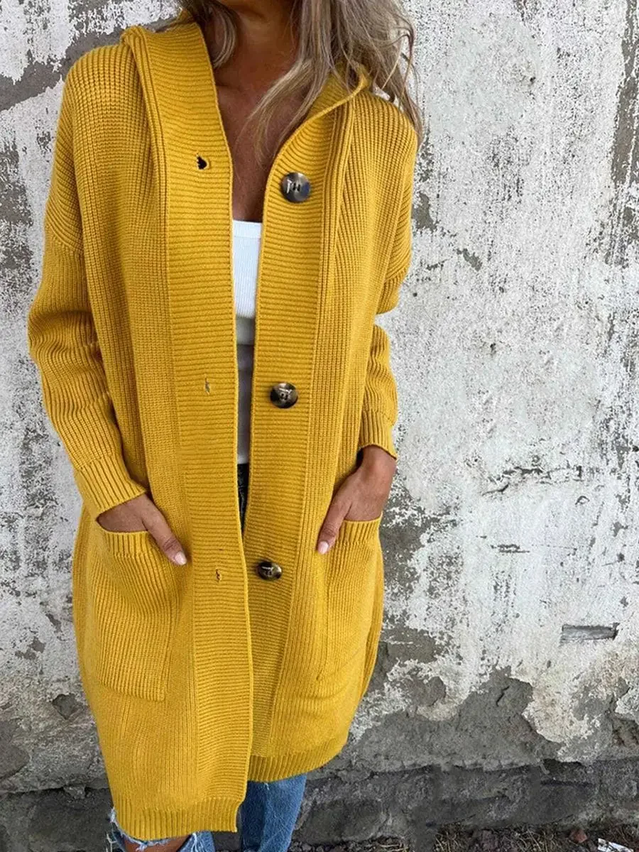 2026 autumn and winter new sweater cardigan long pocket button hooded knitted jacket women