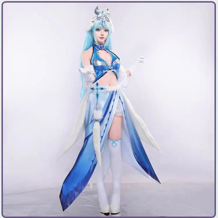 Women's Anime Fantasy Cosplay Costume, Blue and White Long Dress with Crop Top, Long Sleeve Gloves and Staff Accessory