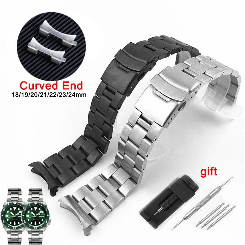 Stainless Steel Watchband Curved End Diving Bracelet 18/19/20/21/22/23/24mm Soild Metal Watch Strap for Seiko Accessories