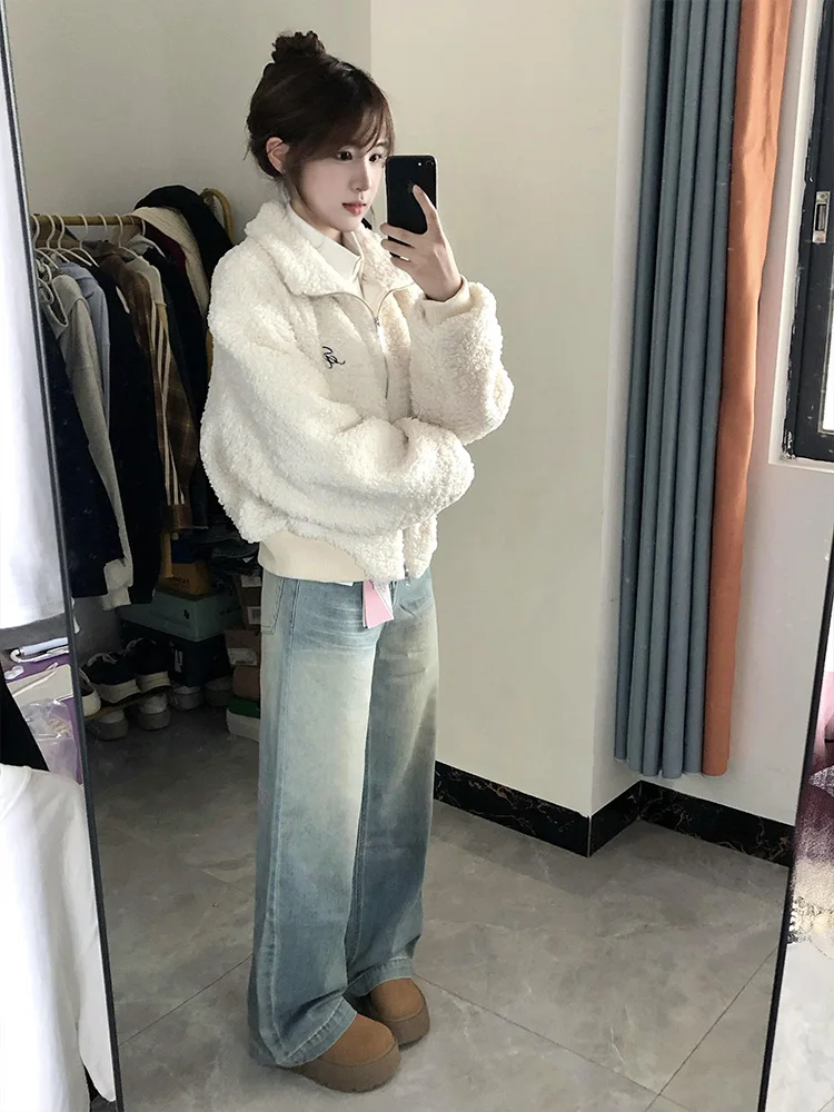 

Korean Sle Women's Thiened White Lamb Fur Jaet Autumn Winter New Arrival Fce Lined Cotton Coat ort Outerwear