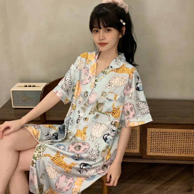 Women Nightgowns Satin Silk Animal Print Shirt Sleepwear Buttons Nightwear Dress Sexy Lingerie Gown Robe Homedress Nightdress